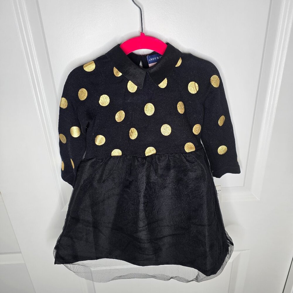 NWT Andy & Evan 18-24M Black Gold Holiday Dress Knit Taffeta And Tulle Polka Dot